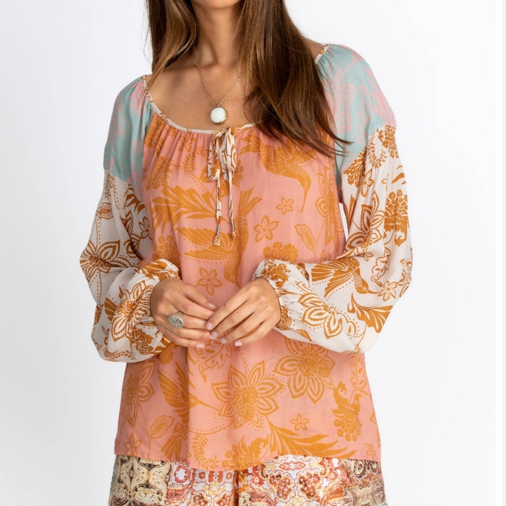Johnny Was Jade Waimea mixed print peasant top